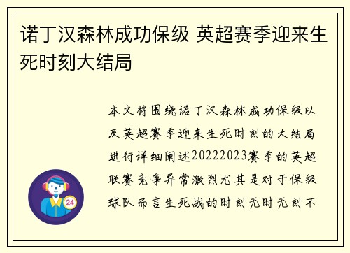诺丁汉森林成功保级 英超赛季迎来生死时刻大结局